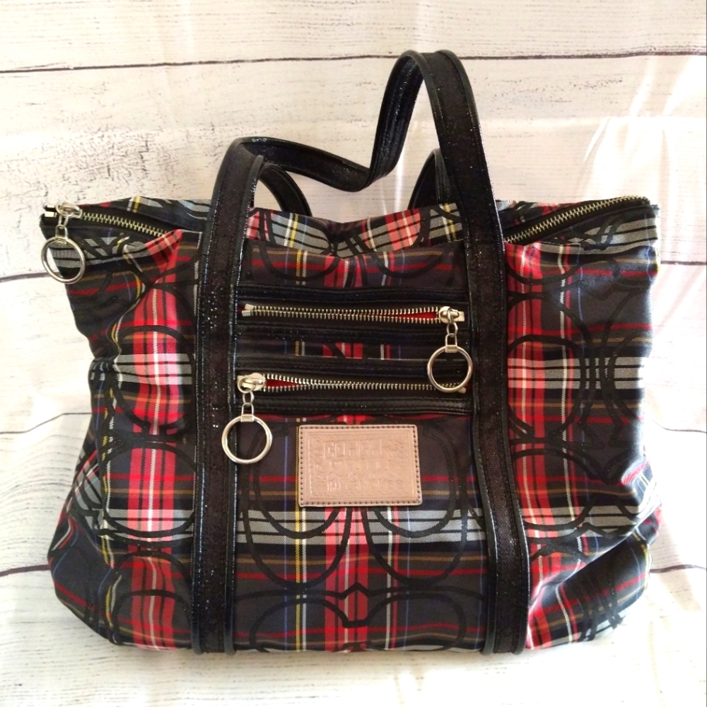 Coach Poppy Red and Black Plaid Shoulder Bag